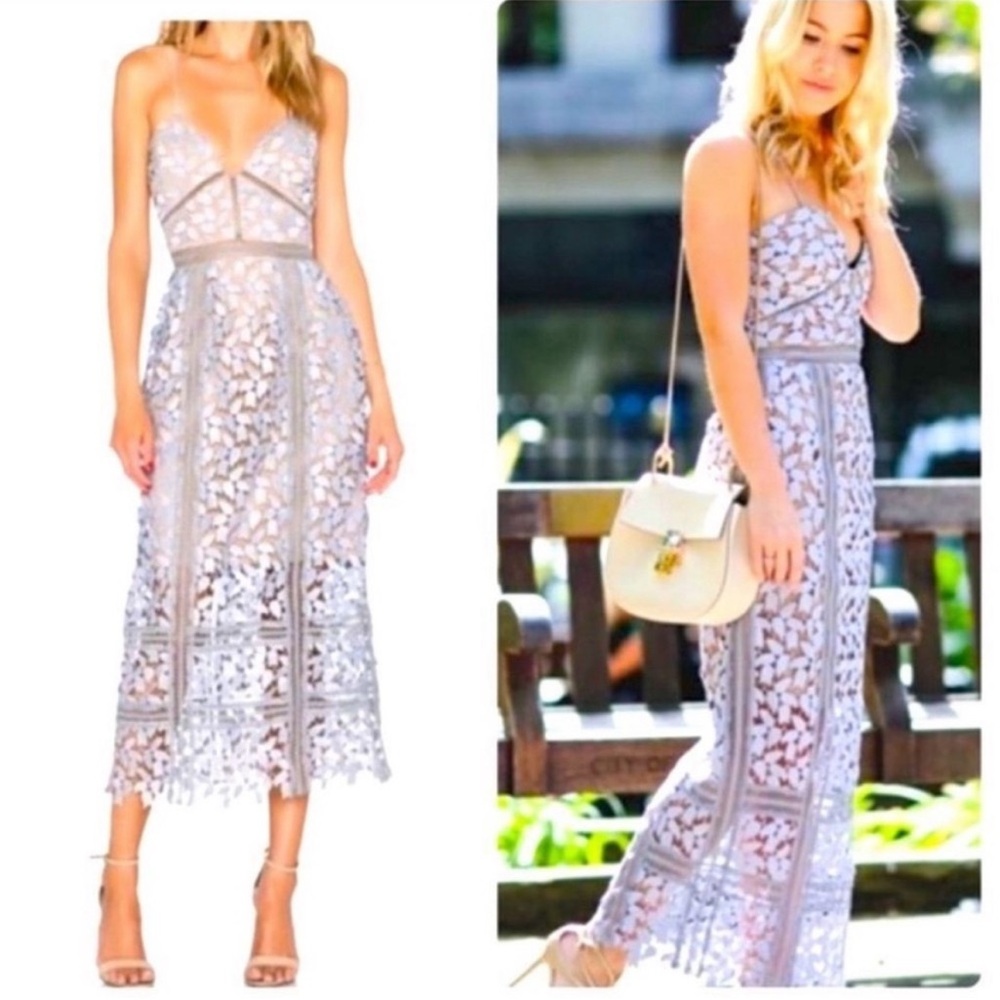 Elliatt Tingle Floral Crochet Lace Overlay Midi Dress Lilac Grey Purple Nude M - Picture 16 of 16